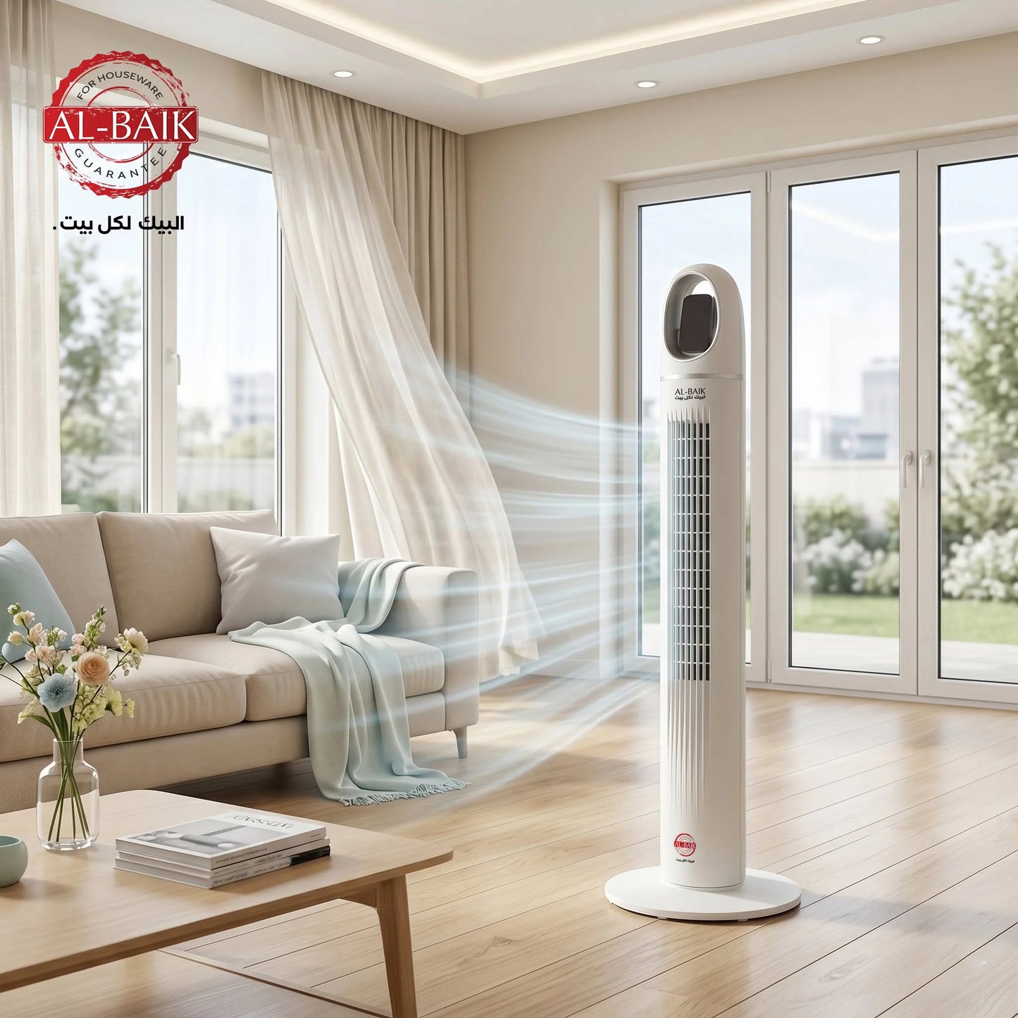 AL-BAIK Tower Fan – 45W | 3 Speed Settings | LED Display | Remote Control | 24-Hour Timer